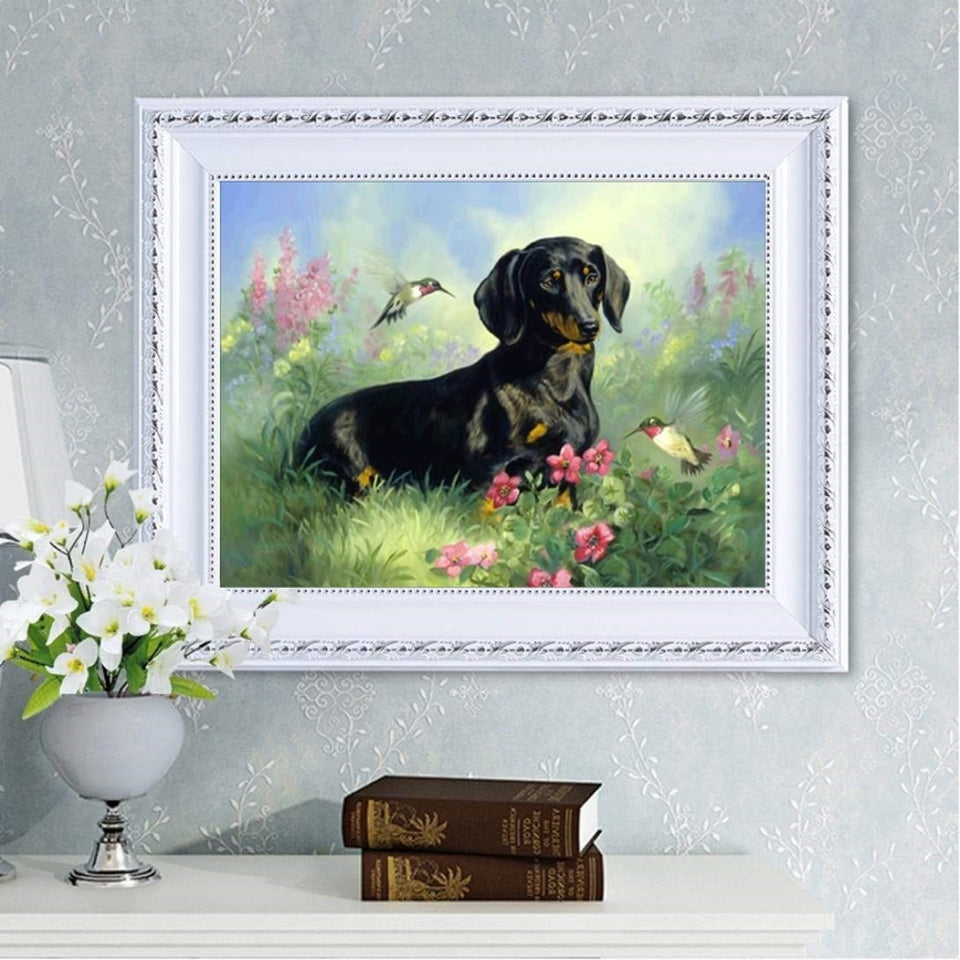 Black Dog And Flowers Painting