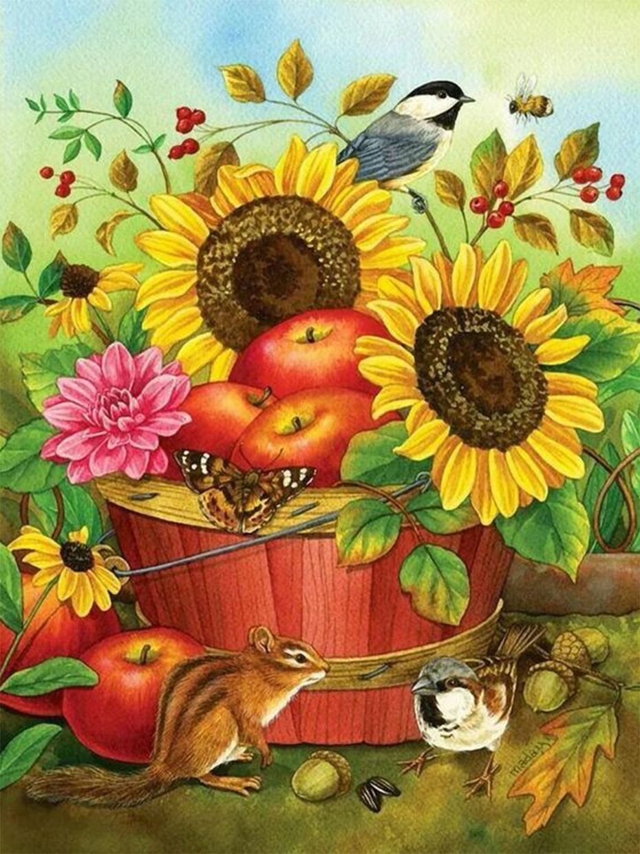 Squirrel, Sparrow & Sunflowers Painting – Diamond Painting Bliss