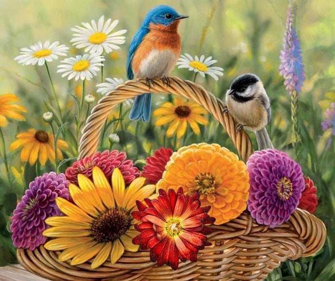 Squirrel, Sparrow & Sunflowers Painting – Diamond Painting Bliss