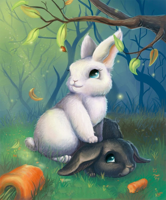 Black & White Rabbits in Forest - diamond-painting-bliss.myshopify.com